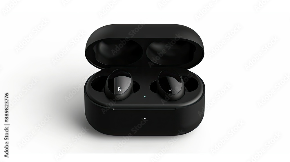 High-angle shot of sleek black wireless earbuds in charging case, isolated on white background High-angle shot of sleek black wireless earbuds in charging case, isolated on white background