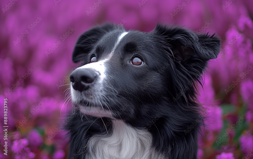 A docile, natural-looking border collie against a violet background. Close-up of a Border Collie in a mysterious violet tone. A docile, natural-looking border collie against a violet background. Close-up of a Border Collie in a mysterious violet tone.