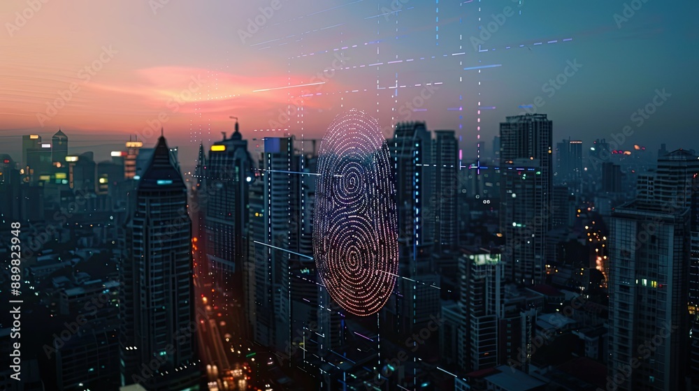 Obraz premium Hologram of a fingerprint over city buildings during twilight, showcasing digital security in modern urban settings