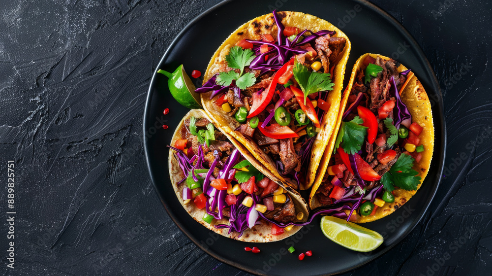 Three Delicious Tacos With Pulled Beef, Red Cabbage, and Tomato Three Delicious Tacos With Pulled Beef, Red Cabbage, and Tomato
