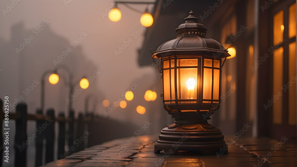 Warm glow of lantern on foggy walkway Warm glow of lantern on foggy walkway