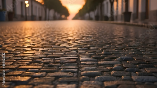 Sunrise on a cobbled city street photo