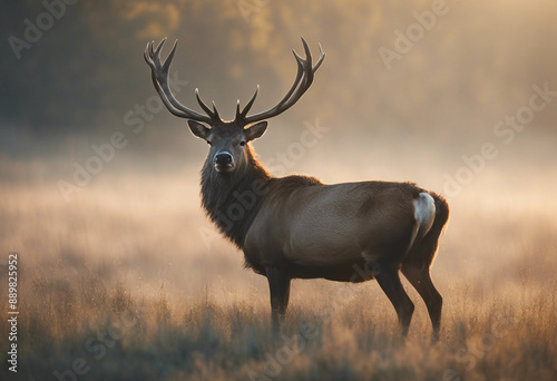 A majestic stag standing in a meadow, with mist rising in the early morning light 