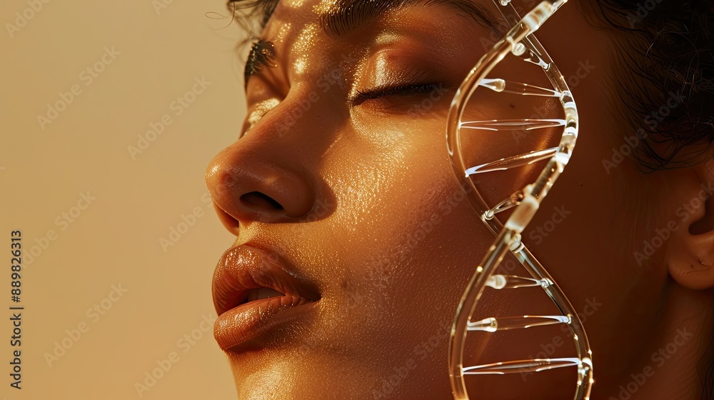 Sensual woman and glass DNA stems against beige backdrop, highlighting the intersection of beauty and science