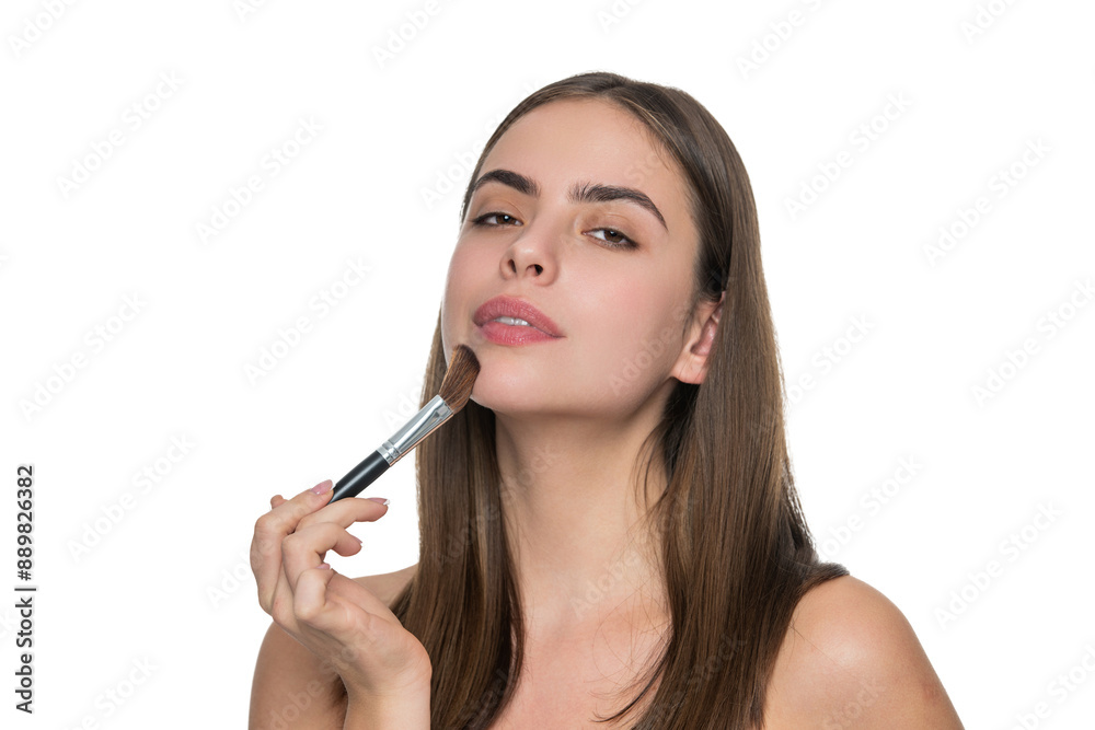 Woman do make up using cosmetic brush. Skincare cosmetic. Applying makeup on healthy skin. Beauty makeup products. Young woman powder brush for makeup. Girl doing makeup Woman do make up using cosmetic brush. Skincare cosmetic. Applying makeup on healthy skin. Beauty makeup products. Young woman powder brush for makeup. Girl doing makeup