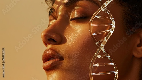 Obraz na płótnie Sensual woman and glass DNA stems against beige backdrop, highlighting the intersection of beauty and science w salonie