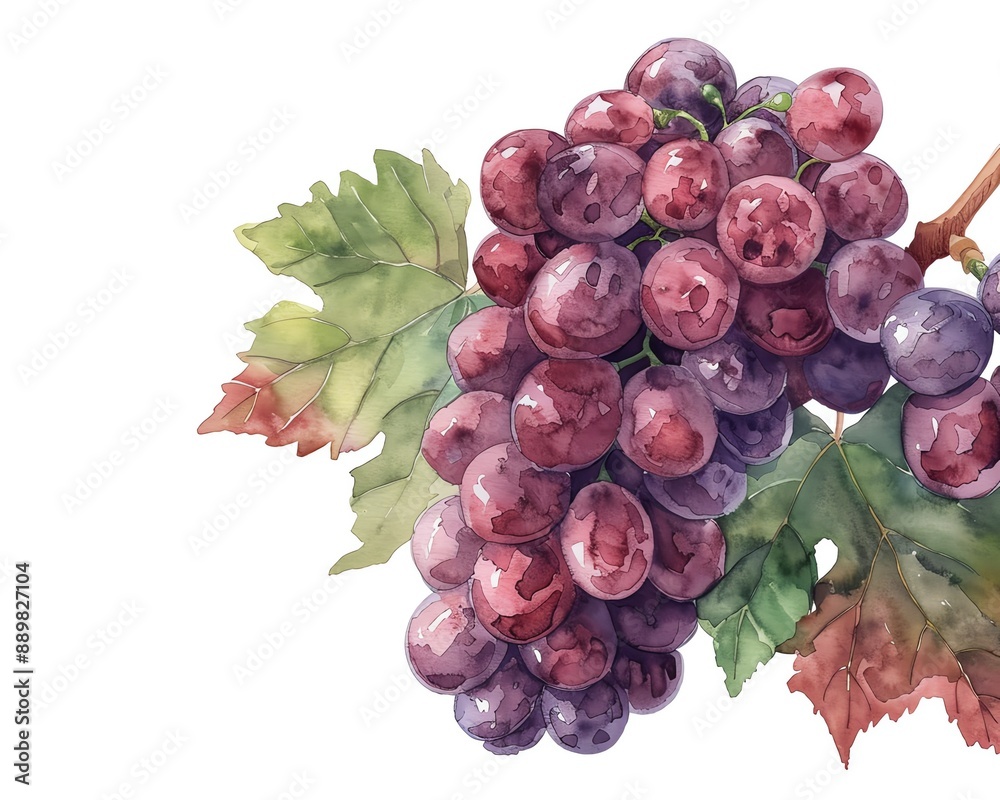 Fototapeta premium Watercolor illustration of a bunch of grapes on the vine, grape watercolor, fruit and foliage