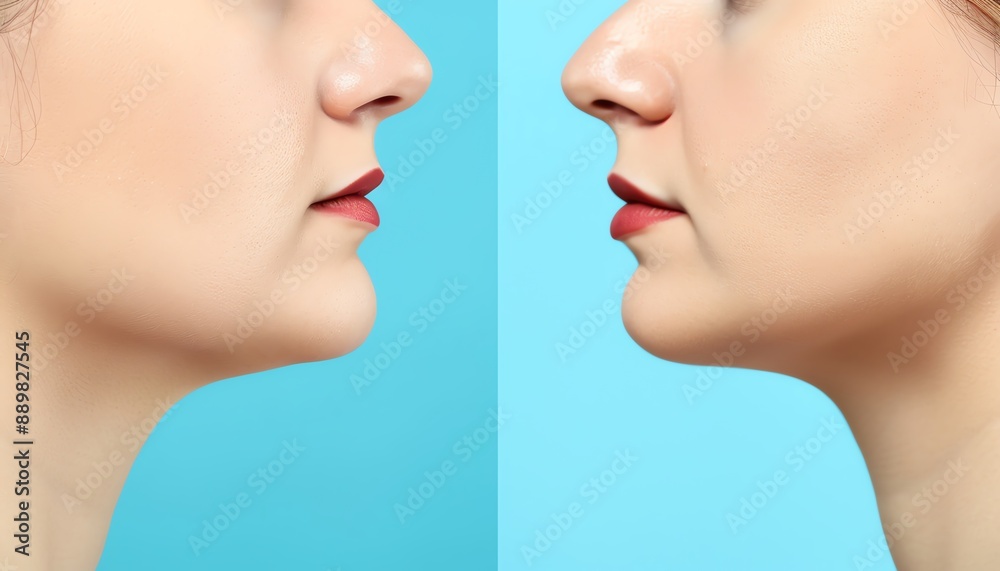 Obraz premium Closeup of a patient s jawline before and after a contouring procedure, before and after, jawline enhancement