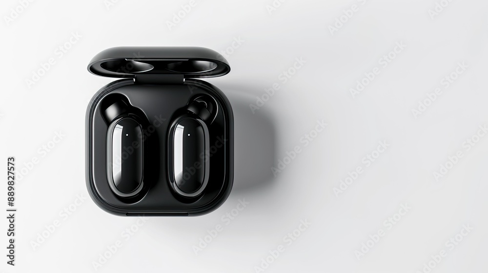Top-down perspective of sleek black earbuds in charging pod, isolated on white background for tech-themed visuals Top-down perspective of sleek black earbuds in charging pod, isolated on white background for tech-themed visuals