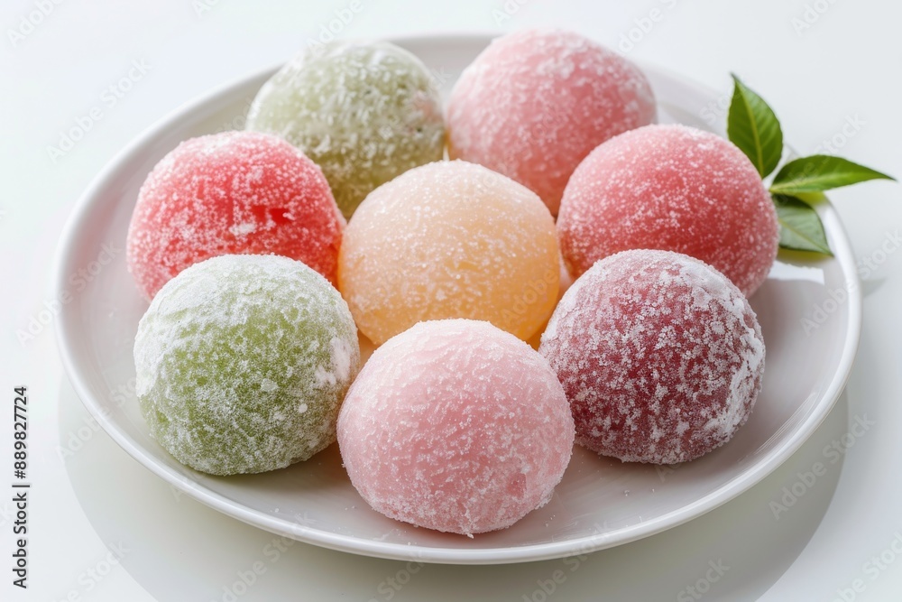 Rice dumplings that enchant with texture and color. Soft mochi with exotic flavors served on a white plate. Rice dumplings that enchant with texture and color. Soft mochi with exotic flavors served on a white plate.