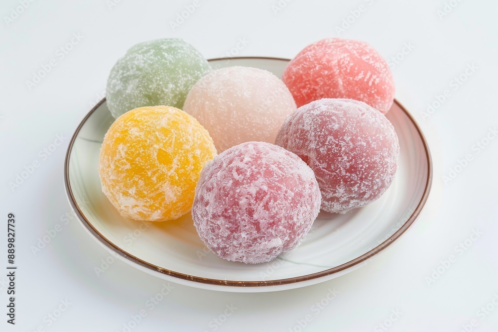 Rice dumplings that enchant with texture and color. Soft mochi with exotic flavors served on a white plate. Rice dumplings that enchant with texture and color. Soft mochi with exotic flavors served on a white plate.