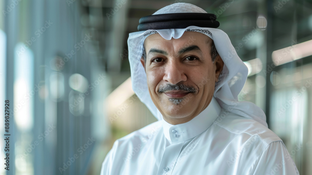 Middle Eastern Man in White Thobe Smiling at Camera in Modern Office Middle Eastern Man in White Thobe Smiling at Camera in Modern Office