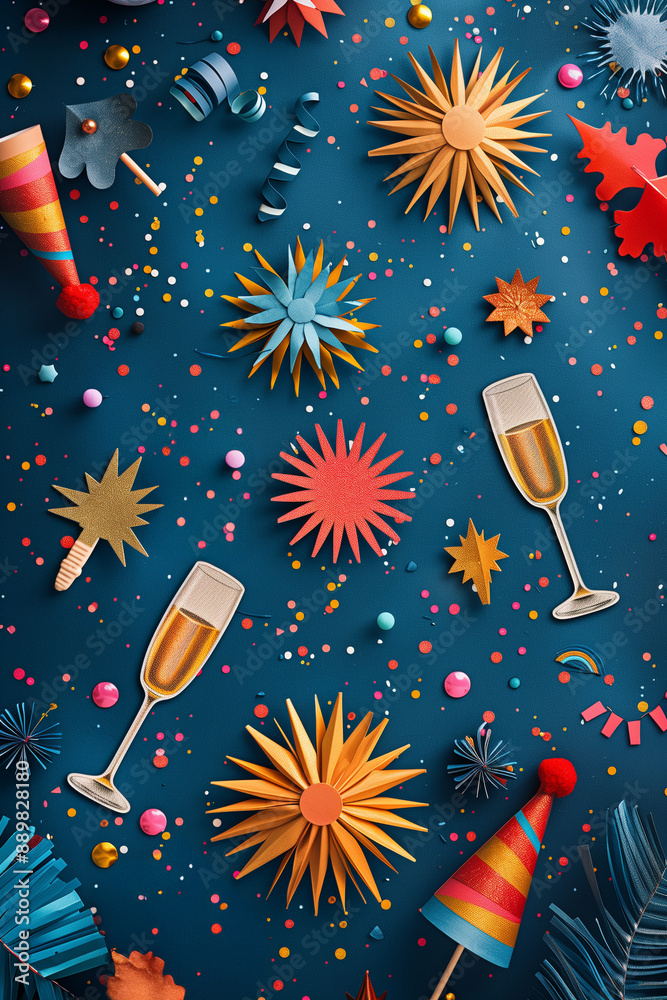 Fototapeta premium colorful party decorations scattered across a bright blue background
