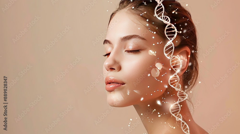Woman with glass DNA strands on beige background, merging aesthetics with scientific imagery