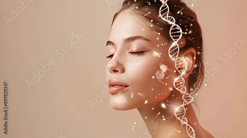 Obraz na płótnie Woman with glass DNA strands on beige background, merging aesthetics with scientific imagery w salonie