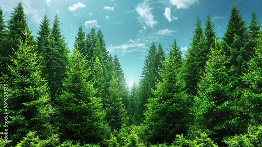 Serene forest landscape with lush green pine trees under a clear blue sky, showcasing the beauty of nature and tranquil wilderness Serene forest landscape with lush green pine trees under a clear blue sky, showcasing the beauty of nature and tranquil wilderness