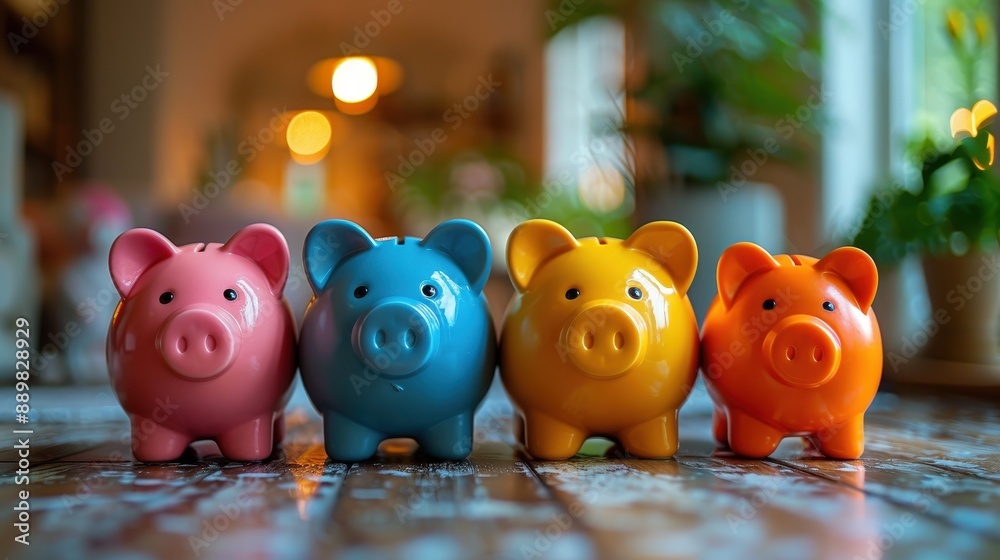 Obraz premium Family with piggy banks representing different savings goals, personal finance management, categorized saving