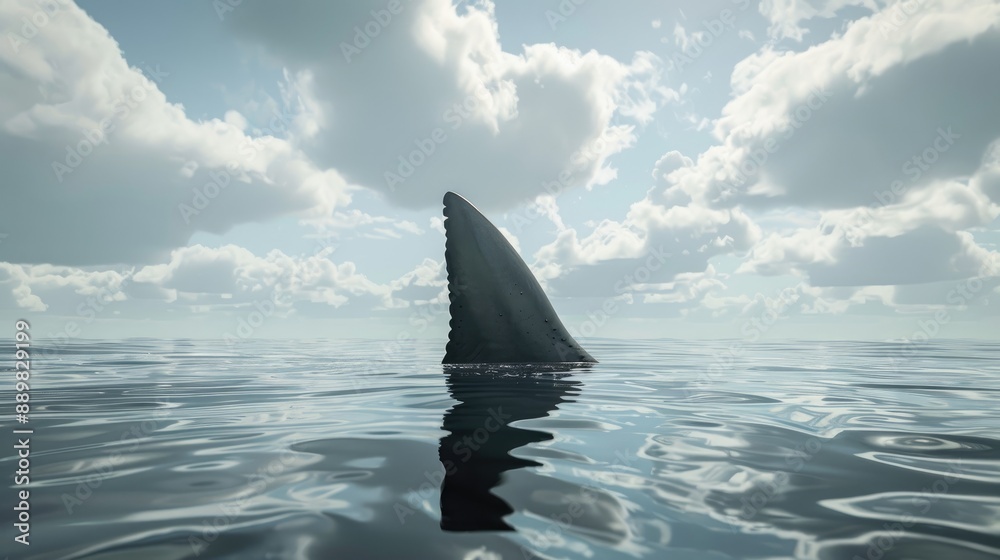 Fototapeta premium Shark fin on ocean surface in cloudy clear sky