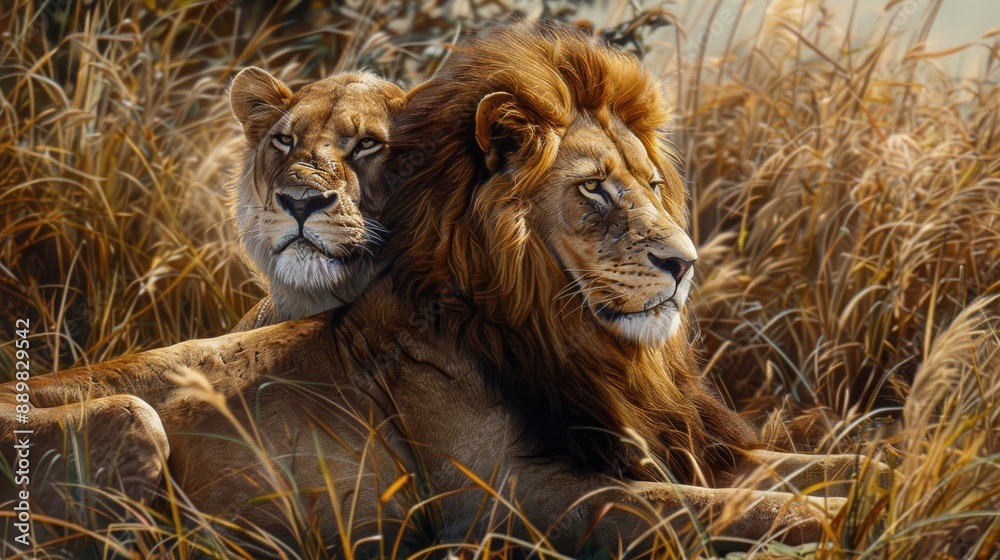 Mating lions in high gras Mating lions in high gras