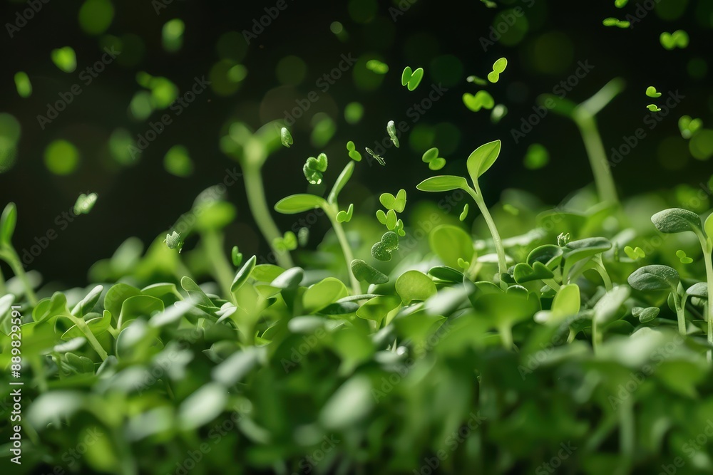 Alfalfa sprouts exploding, with tiny green leaves and stems scattering in a vibrant burst Alfalfa sprouts exploding, with tiny green leaves and stems scattering in a vibrant burst