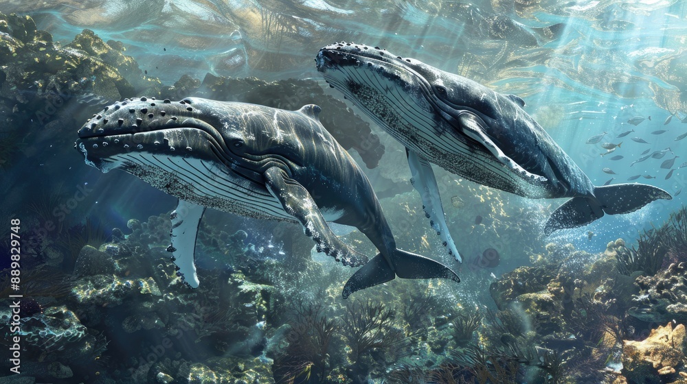 Fototapeta premium Humpback whales and calf