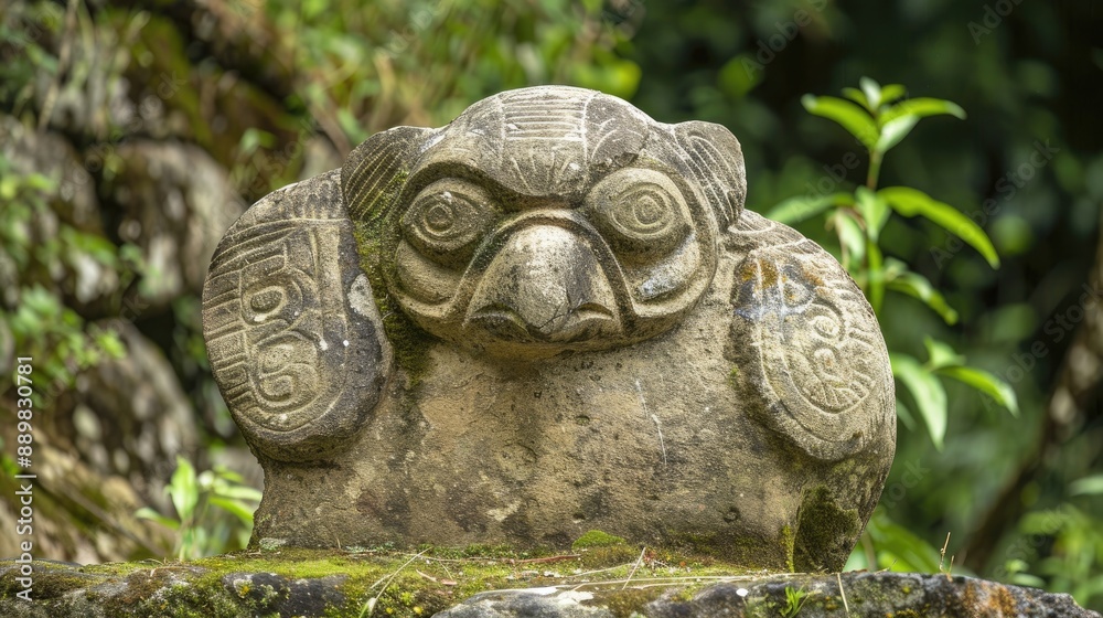 Stone sculpture or anthropomorphic statue from ancient pre hispanic indigenous cultures in the Archeological park of San Agustin Zoomorphic design of sloth Stone sculpture or anthropomorphic statue from ancient pre hispanic indigenous cultures in the Archeological park of San Agustin Zoomorphic design of sloth
