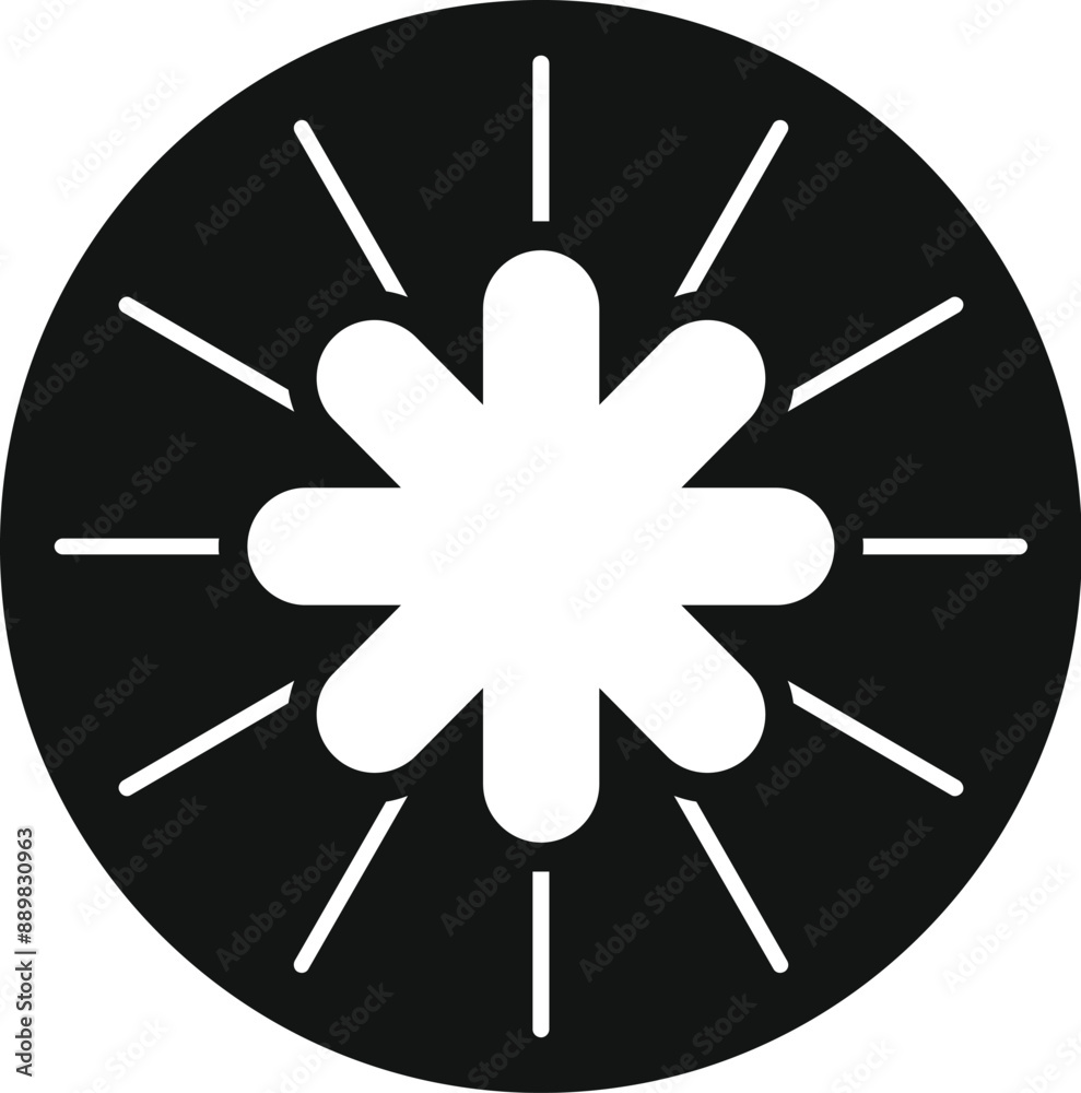 Black and white icon of a round button showing an abstract flower with eight petals