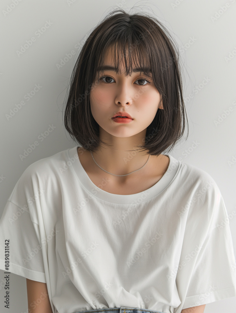 Stylish Asian Woman with Short Hair in White T-Shirt, Natural Beauty, Soft Lighting, Minimalist Background, Studio Portrait, Professional Model, Serene Expression, Timeless Elegance, Modern Style. Stylish Asian Woman with Short Hair in White T-Shirt, Natural Beauty, Soft Lighting, Minimalist Background, Studio Portrait, Professional Model, Serene Expression, Timeless Elegance, Modern Style.
