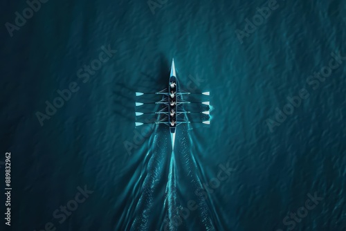 Rowing competitions come to life in ultramodern, supernatural scenes, with copy space, featuring sleek boats and synchronized teams rowing through futuristic waters photo