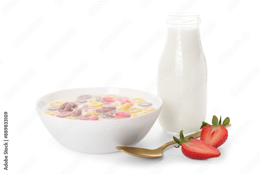 Bowl with colorful sweet cereal rings, bottle of milk and cut strawberry on white background Bowl with colorful sweet cereal rings, bottle of milk and cut strawberry on white background