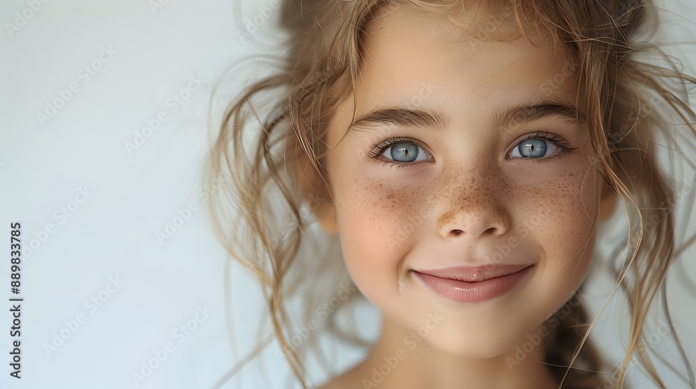 Close-up portrait of a smiling young girl with curly hair and freckles, set against a light background. Ideal for themes of childhood, happiness, and natural beauty. Close-up portrait of a smiling young girl with curly hair and freckles, set against a light background. Ideal for themes of childhood, happiness, and natural beauty.