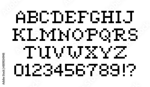 Pixel font set. Large letters and numeral units in pixel art style for computer display. Pixel 8 bit alphabet. Arcade game font.