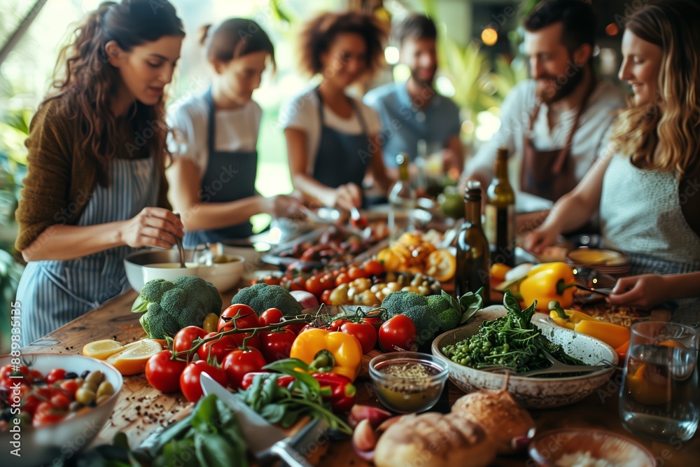 Group of Friends Preparing a Delicious Meal in a Cozy Kitchen Group of Friends Preparing a Delicious Meal in a Cozy Kitchen