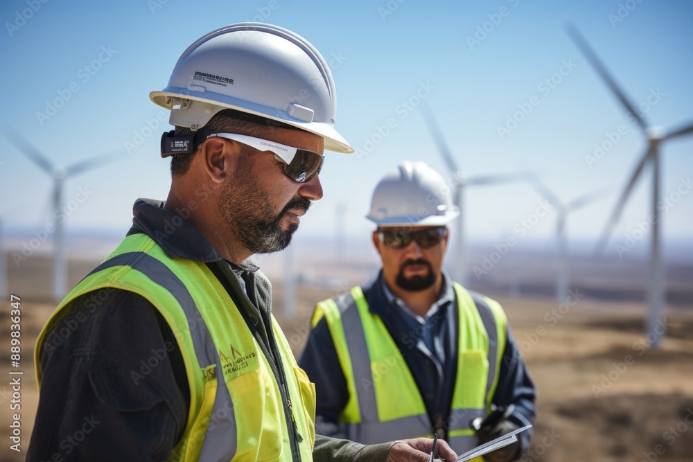 Wind power upkeep: skilled workers performing maintenance on wind turbine, stunning landscape in background, role of technicians in ensuring efficiency, reliability of renewable energy sources. Wind power upkeep: skilled workers performing maintenance on wind turbine, stunning landscape in background, role of technicians in ensuring efficiency, reliability of renewable energy sources.
