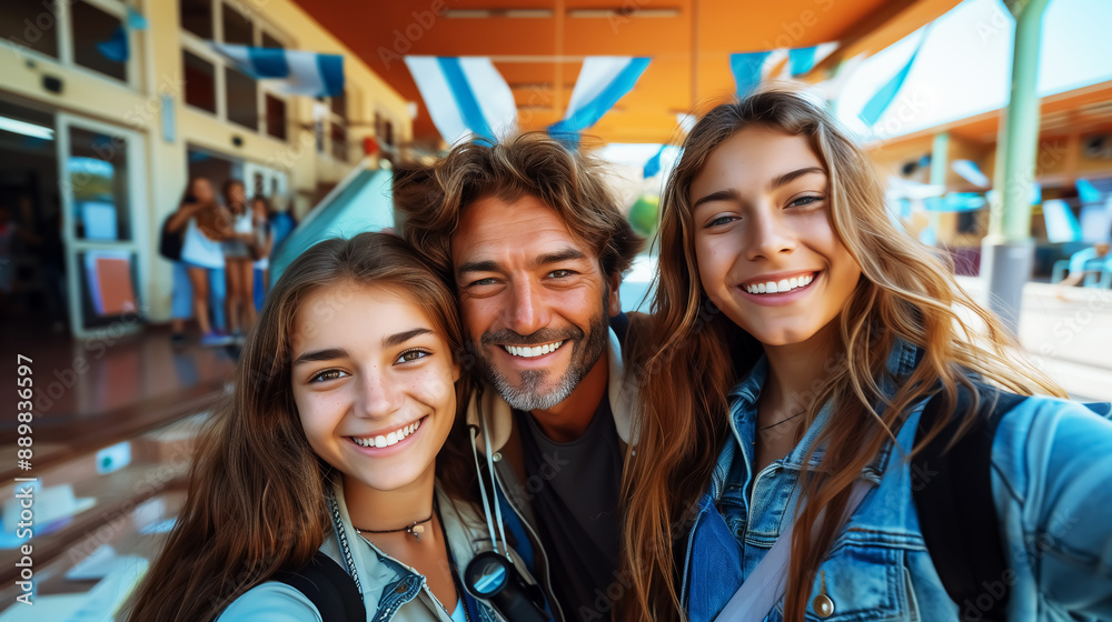 Fototapeta premium family taking selfie, photo for father and daughters.