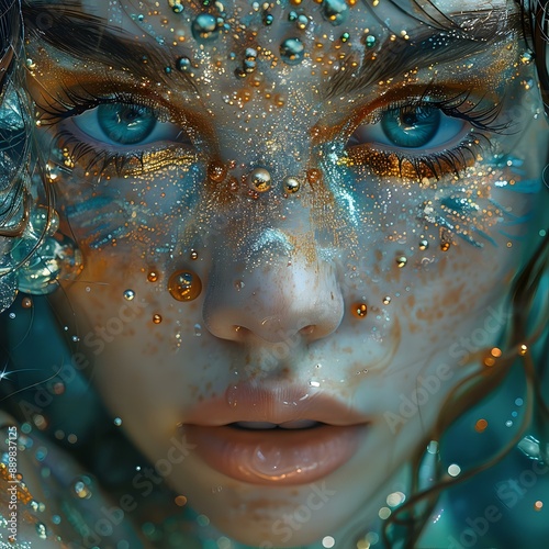 Close-up portrait of a woman with vibrant blue eyes and artistic makeup resembling water droplets and glitter. Ideal for fantasy themes, beauty editorials, and artistic photography.