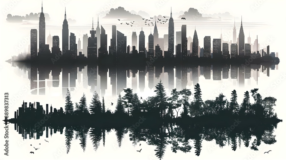 Naklejka premium Vector set of city silhouettes - Panorama city background