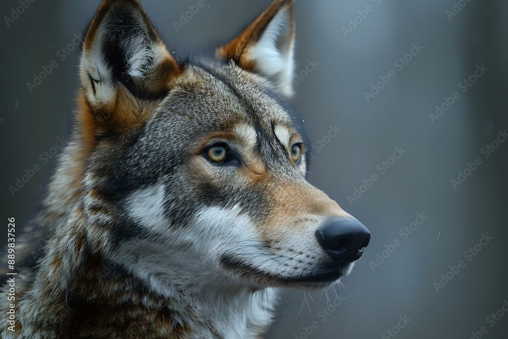 Fototapeta premium A close-up portrait of a majestic wolf with a captivating gaze, showcasing its detailed fur and expressive eyes. Perfect for wildlife, nature, and animal-themed designs.