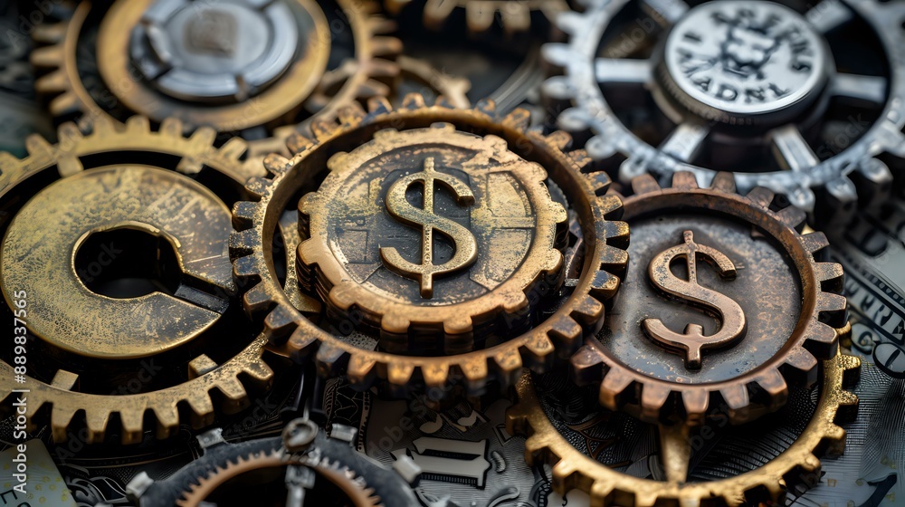 Close-up of interlocking gears with dollar signs, symbolizing the connection between finance and industry. Perfect for illustrating economic concepts, financial systems, and business mechanics. Close-up of interlocking gears with dollar signs, symbolizing the connection between finance and industry. Perfect for illustrating economic concepts, financial systems, and business mechanics.