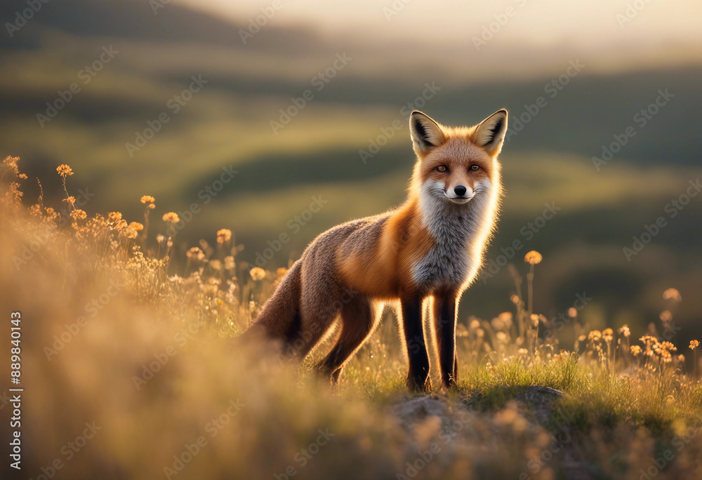 A red fox standing on a hillside covered in wildflowers, with the morning sun casting
A red fox standing on a hillside covered in wildflowers, with the morning sun casting