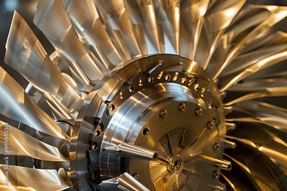 Close-up of a highly detailed industrial turbine, showcasing the precision engineering and metallic sheen of the blades. Ideal for illustrating concepts of machinery, engineering, and industrial Close-up of a highly detailed industrial turbine, showcasing the precision engineering and metallic sheen of the blades. Ideal for illustrating concepts of machinery, engineering, and industrial