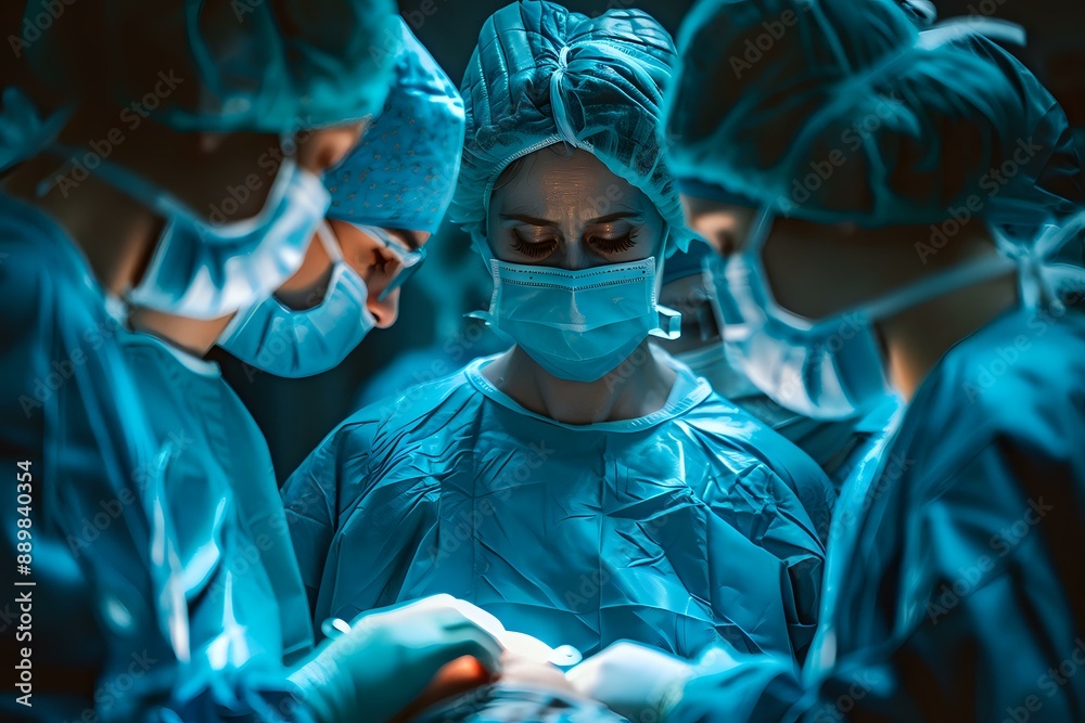 A team of surgeons intensely focused during an operation in a well-lit surgical room, highlighting precision and teamwork in healthcare. Perfect for themes related to medicine, surgery A team of surgeons intensely focused during an operation in a well-lit surgical room, highlighting precision and teamwork in healthcare. Perfect for themes related to medicine, surgery