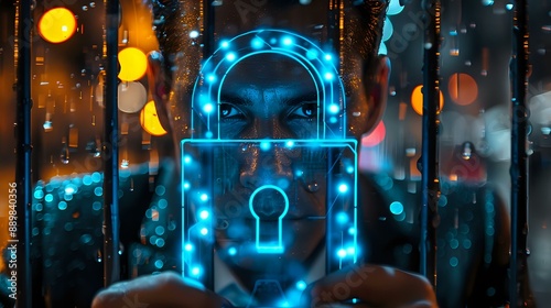 A man holding a glowing blue lock against a backdrop of raindrops and city lights, symbolizing cybersecurity and digital protection. Perfect for themes related to technology, security, and digital  photo