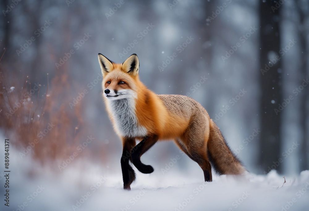 A red fox trotting through the snowy forest, twilight

