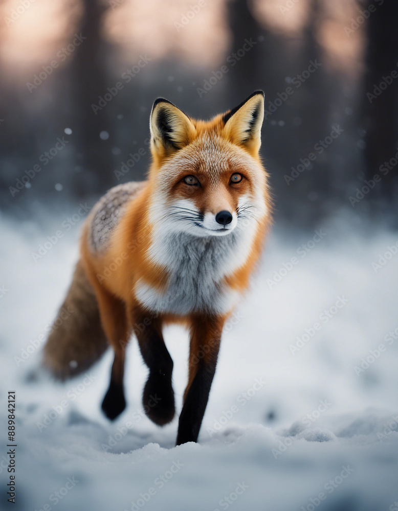 A red fox trotting through the snowy forest, twilight
