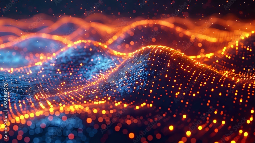 A mesmerizing digital illustration featuring dynamic waves of glowing orange and blue particles. Perfect for technology-themed projects, digital art, and vibrant backgrounds. A mesmerizing digital illustration featuring dynamic waves of glowing orange and blue particles. Perfect for technology-themed projects, digital art, and vibrant backgrounds.