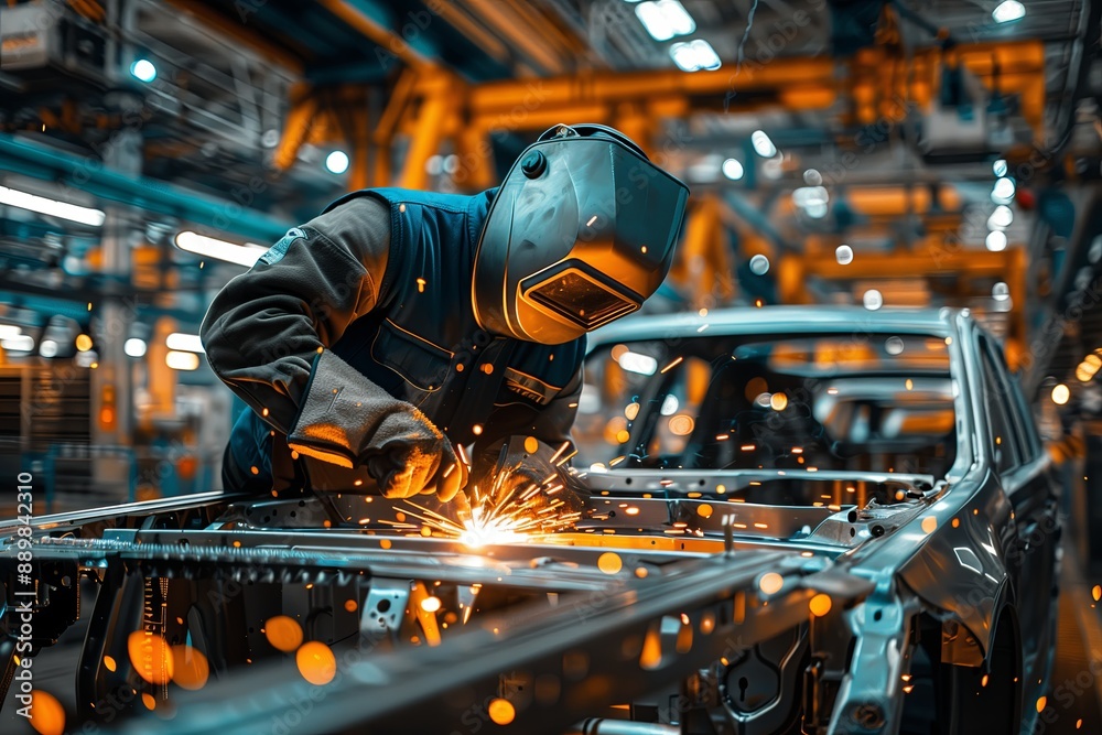a man in a welding mask, mittens cooks a metal structure of a car at factory with a welding machine a man in a welding mask, mittens cooks a metal structure of a car at factory with a welding machine