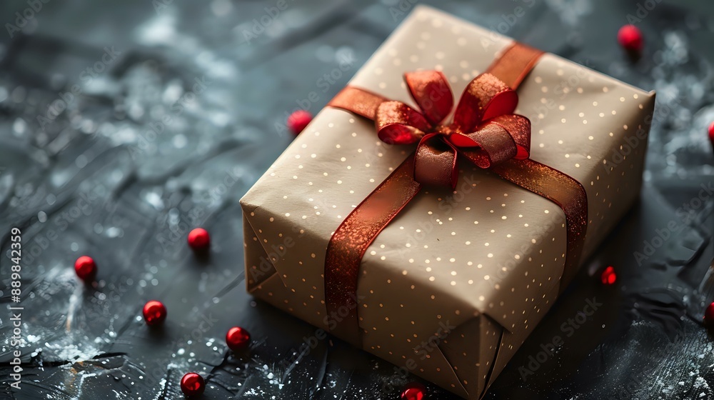 A beautifully wrapped gift box with a red ribbon on a dark textured background, adorned with scattered red berries. Perfect for holiday, celebration, and festive themes. A beautifully wrapped gift box with a red ribbon on a dark textured background, adorned with scattered red berries. Perfect for holiday, celebration, and festive themes.