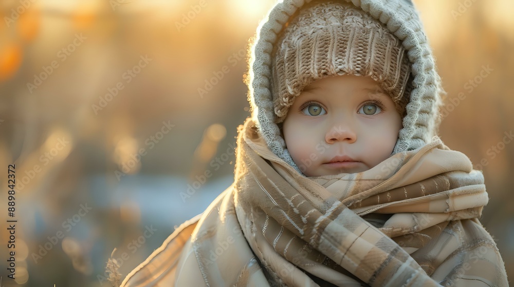 Adorable child wrapped in a cozy blanket and wearing a knitted hat, standing in a sunlit winter field. Perfect for themes of warmth, childhood innocence, and winter fashion. Adorable child wrapped in a cozy blanket and wearing a knitted hat, standing in a sunlit winter field. Perfect for themes of warmth, childhood innocence, and winter fashion.