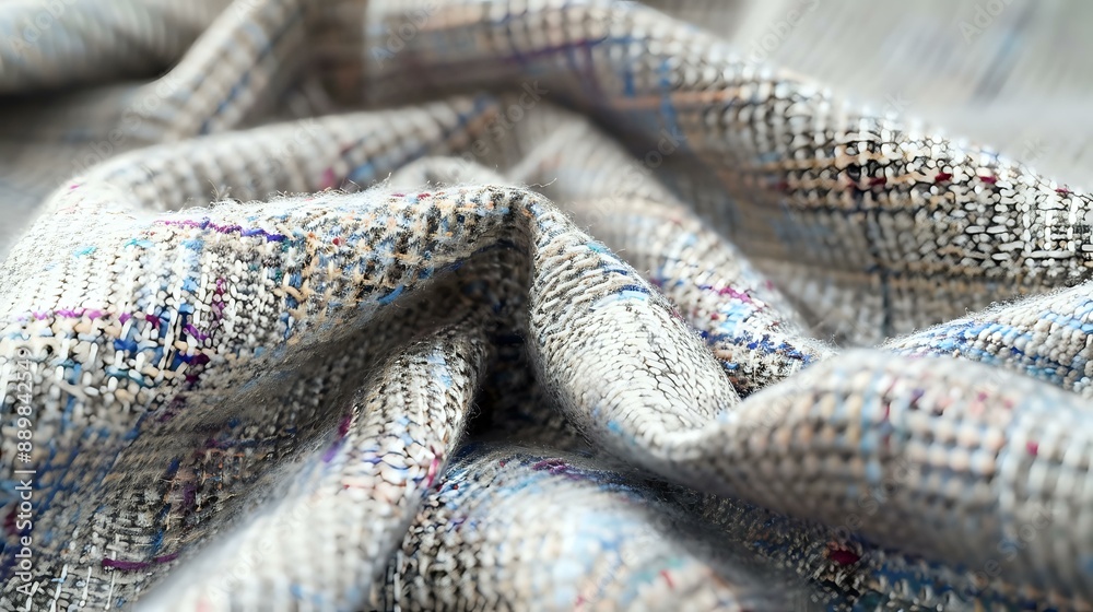 Close-up of a textured fabric with a subtle plaid pattern, showcasing intricate weaving and soft folds. Perfect for textile industry, fashion design, and interior decor projects. Close-up of a textured fabric with a subtle plaid pattern, showcasing intricate weaving and soft folds. Perfect for textile industry, fashion design, and interior decor projects.